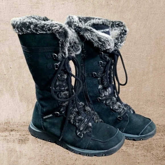 Skechers Women's Lace Up Side Zipper Faux Fur Leather Winter Boots - Picture 1 of 8